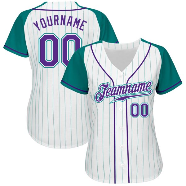 Custom White Aqua Pinstripe Purple-Aqua Authentic Raglan Sleeves Baseball Jersey - Image 2