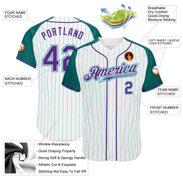Custom White Aqua Pinstripe Purple-Aqua Authentic Raglan Sleeves Baseball Jersey - Image 3