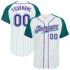Custom White Aqua Pinstripe Purple-Aqua Authentic Raglan Sleeves Baseball Jersey