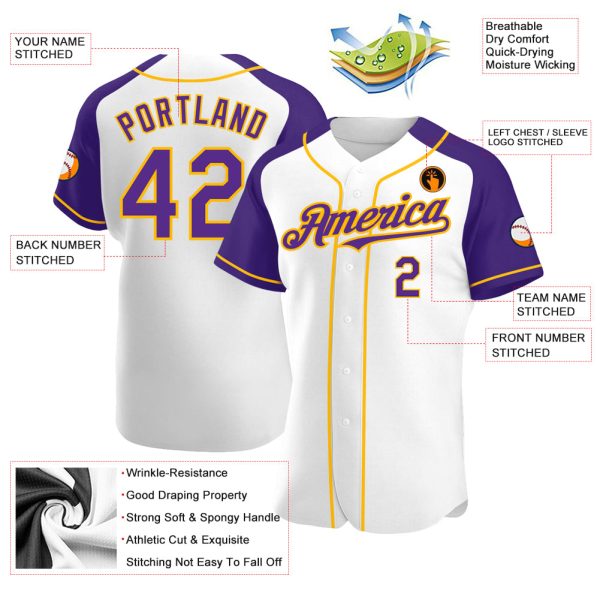 Custom White Purple-Gold Authentic Raglan Sleeves Baseball Jersey - Image 3