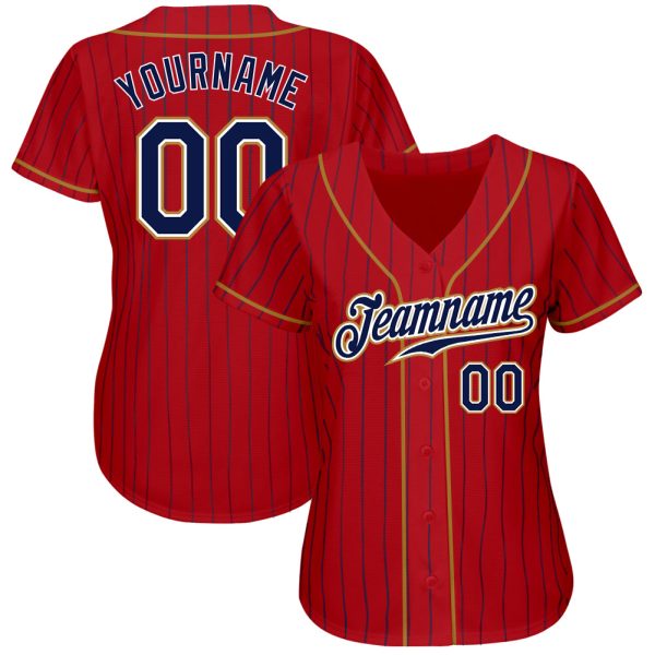 Custom Red Navy Pinstripe Navy-Old Gold Authentic Baseball Jersey - Image 2