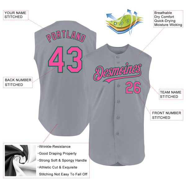 Custom Gray Pink-Kelly Green Authentic Sleeveless Baseball Jersey - Image 2