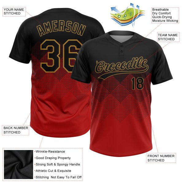 Custom Red Black-Old Gold 3D Pattern Two-Button Unisex Softball Jersey - Image 3