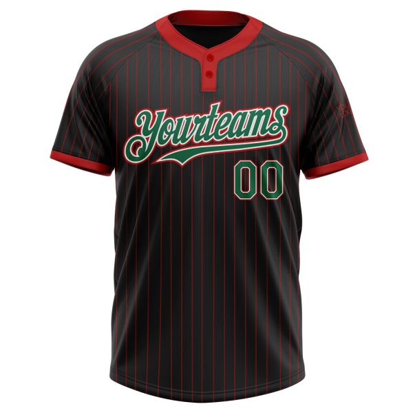 Custom Black Red Pinstripe Kelly Green-White Two-Button Unisex Softball Jersey - Image 2