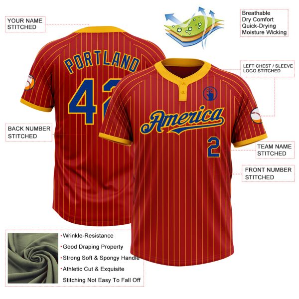 Custom Red Gold Pinstripe Royal Two-Button Unisex Softball Jersey - Image 3