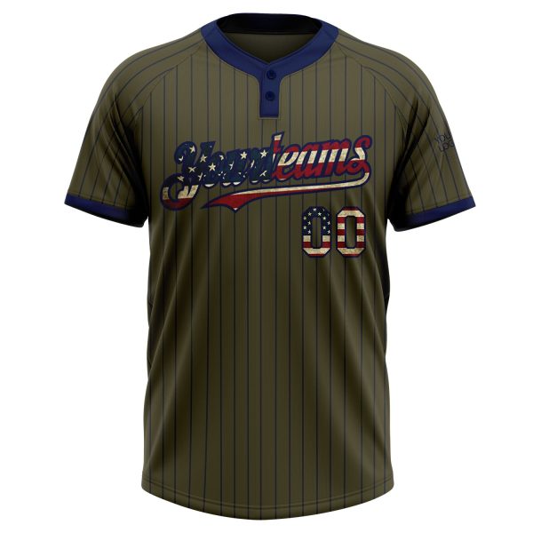 Custom Olive Navy Pinstripe Vintage USA Flag Salute To Service Two-Button Unisex Softball Jersey - Image 2