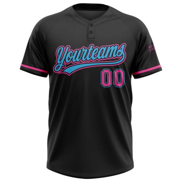 Custom Black Pink-Sky Blue Two-Button Unisex Softball Jersey - Image 2