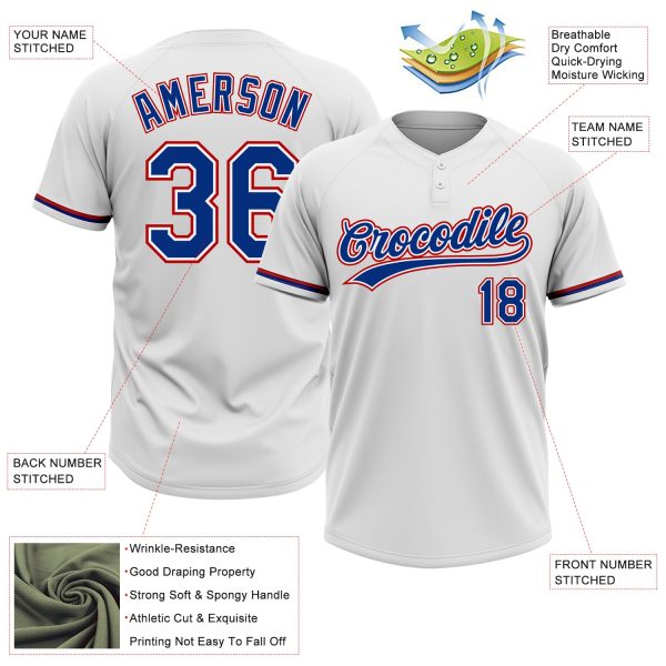 Custom White Royal-Red Two-Button Unisex Softball Jersey - Image 3