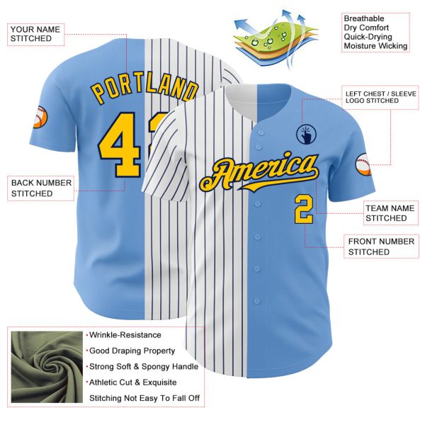 Custom Light Blue Yellow-Navy Pinstripe Authentic Split Fashion Baseball Jersey - Image 3