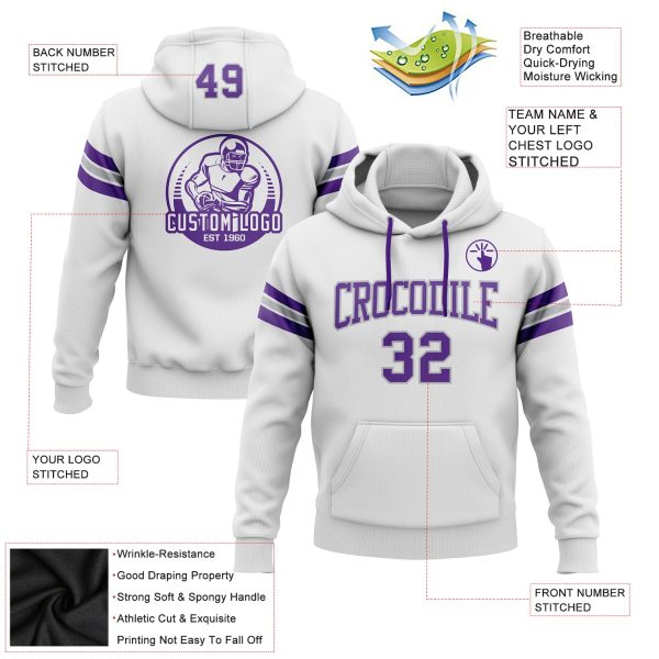 Custom Stitched White Purple-Gray Football Pullover Sweatshirt Hoodie - Image 2