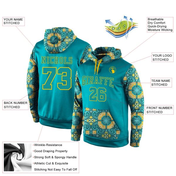 Custom Stitched Aqua Aqua-Gold 3D Pattern Design Sports Pullover Sweatshirt Hoodie - Image 2