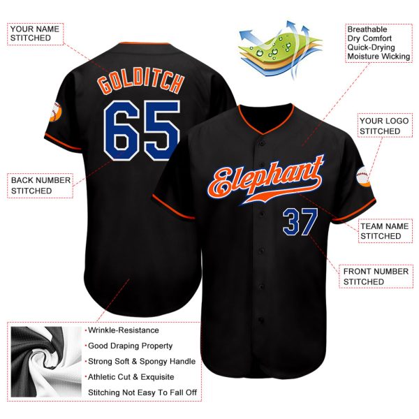 Custom Black Royal-Orange Authentic Baseball Jersey - Image 3