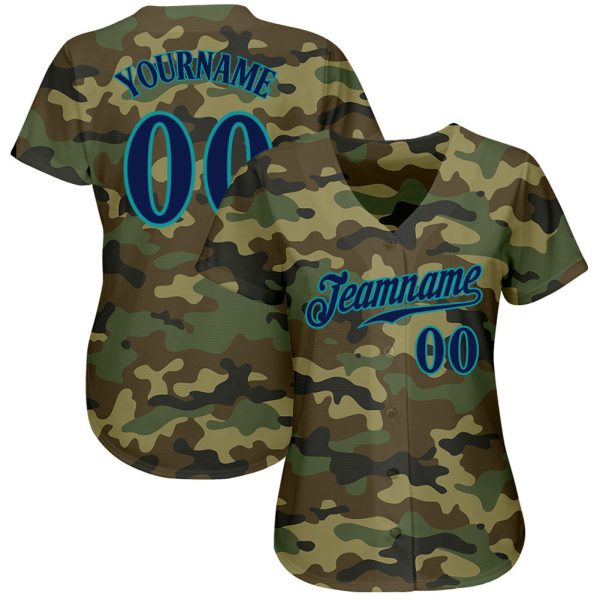 Custom Camo Navy-Teal Authentic Salute To Service Baseball Jersey - Image 2