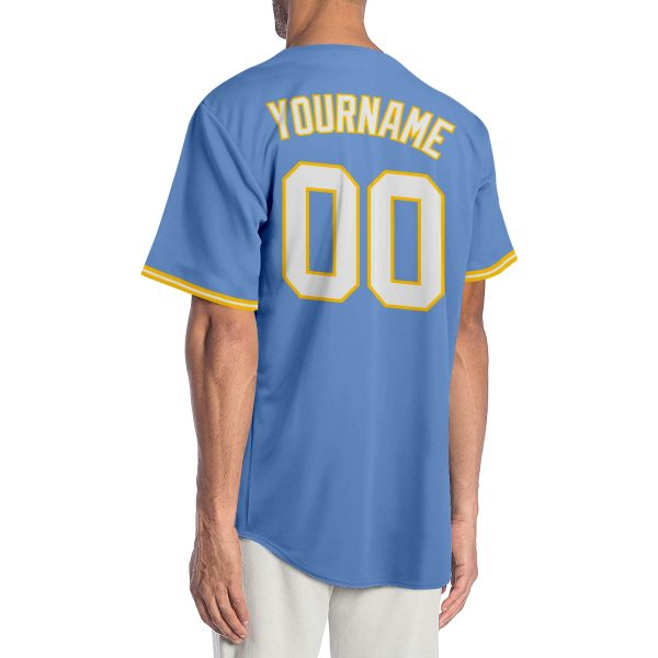 Custom Light Blue White-Gold Authentic Baseball Jersey - Image 2