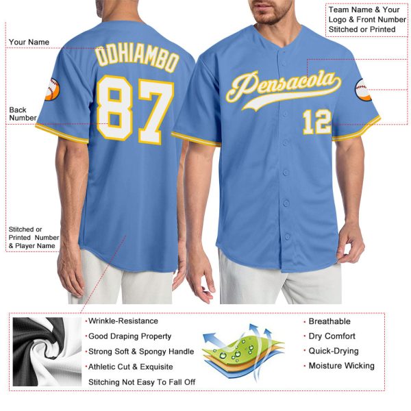 Custom Light Blue White-Gold Authentic Baseball Jersey - Image 3