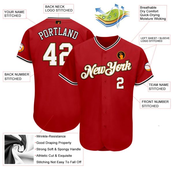 Custom Red White-Old Gold Authentic Baseball Jersey - Image 3