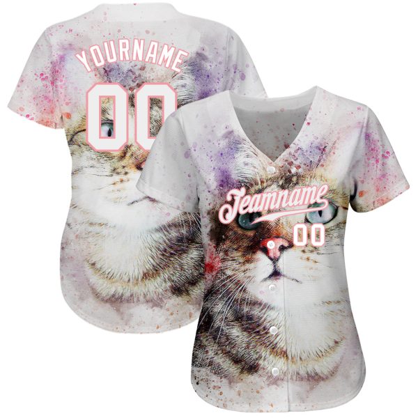Custom White White-Medium Pink 3D Pattern Design Cat Authentic Baseball Jersey - Image 2
