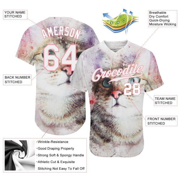 Custom White White-Medium Pink 3D Pattern Design Cat Authentic Baseball Jersey - Image 3